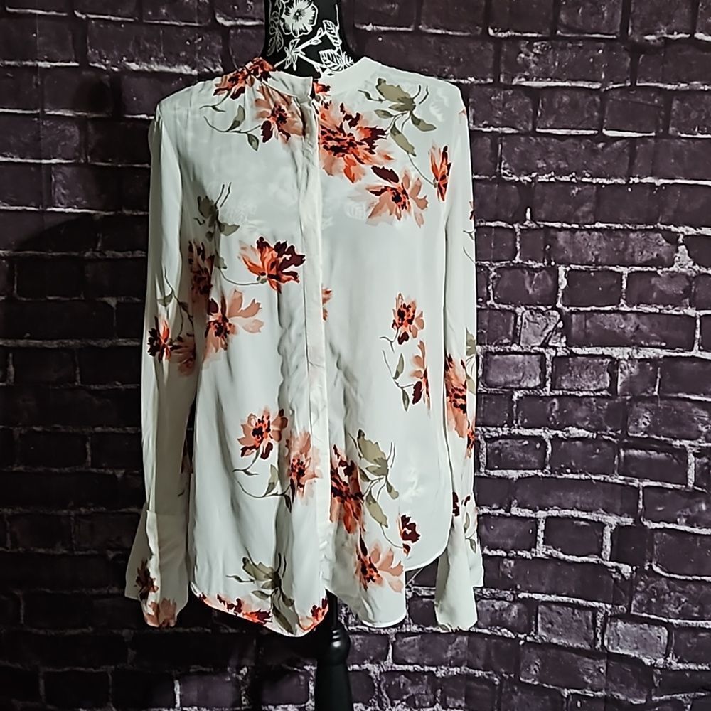 Joie Floral Bohemian Mandarin Collar Wide Wrist Button Down Blouse 100% Viscose